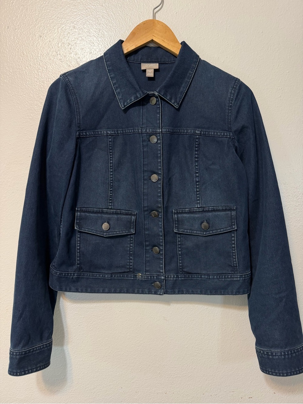 J. Jill Women’s Blue denim jean Stretch Button Front Jacket Pockets Short Sz XS